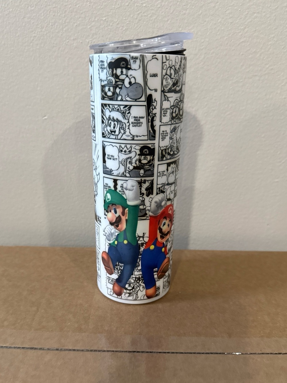 Graphic Skinny Tumbler Mario Luigi Comic Graphic 20 OZ, Push on Lid with Slider!
